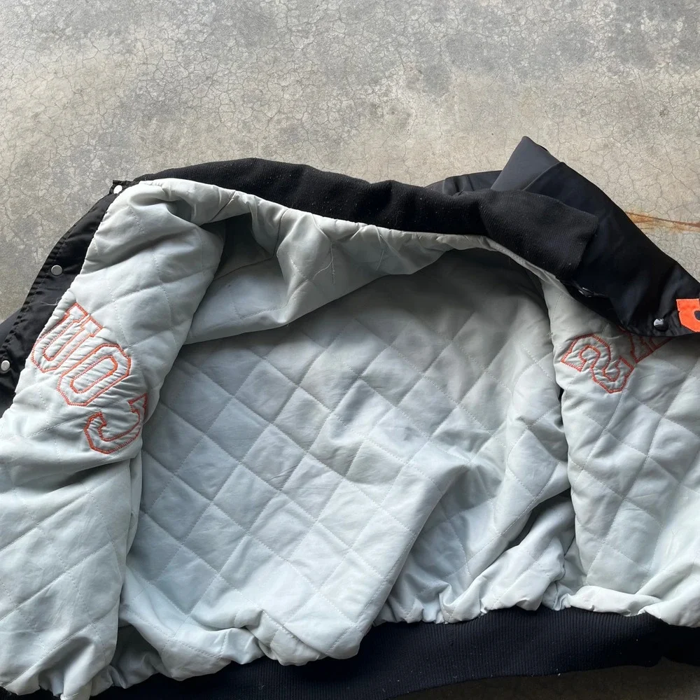 Vintage Cougars Satin Bomber Jacket Black Orange Varsity Quilted Snap Front XL